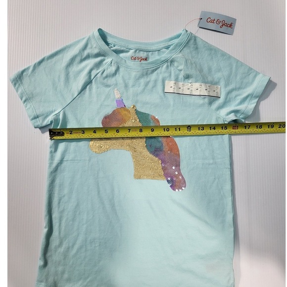 Cat & Jack Girls' Sequin Unicorn Shirt Short Sleeve Top Blue Size L - Picture 3 of 6